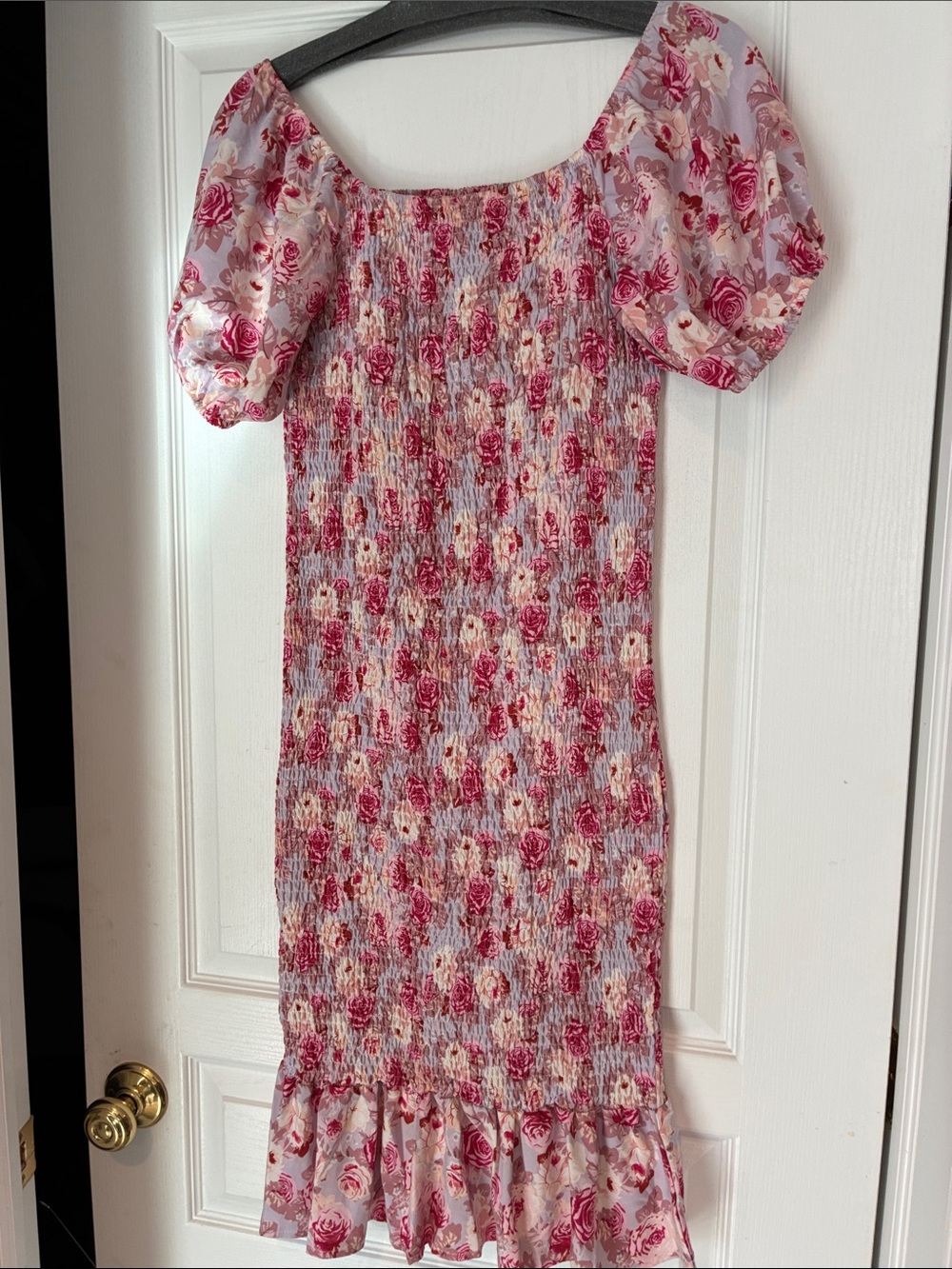 SHEIN Pink Floral Smocked Midi Dress with Puff Sleeves